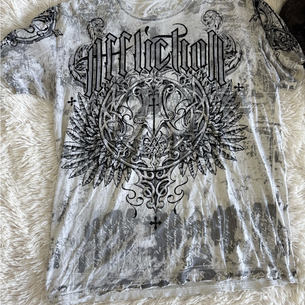Affliction Silver and Black Short Sleeve Tee with Graphic Design